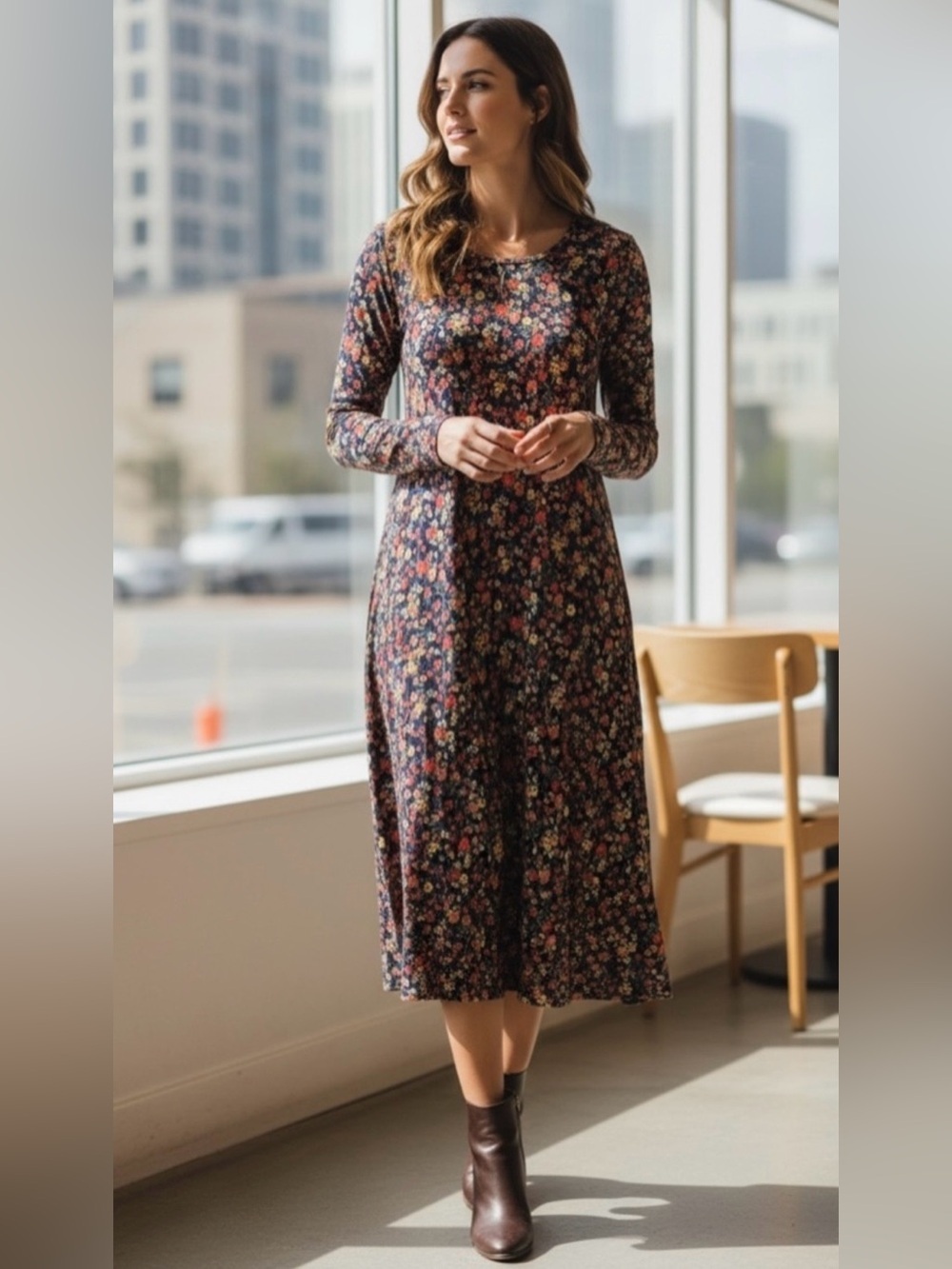 Old Navy Navy Floral Long-Sleeve Midi Dress